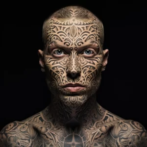 Фото мужчины с полным тату в стиле маори, покрывающим лицо, шею и верхнюю часть тела, демонстрирующее сложный узор.