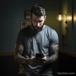Фото мужчины с татуировками на руках, смотрящего в телефон. На фоне видны картины и освещение.