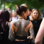 Фото татуировки на спине женщины, покрытой сложным геометрическим и органическим узором в черных тонах.