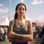 Фото девушки с темными волосами и серьгами, демонстрирующей татуировки на руках и груди, выполненные в различных стилях.