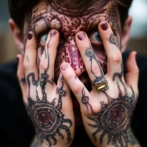 Фото тату: Крупный план лица женщины, полностью покрытого сложной абстрактной татуировкой с акцентом на глаза.