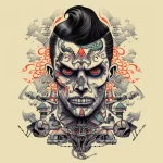 Фото татуировки в стиле dark art с изображением мрачного лица мужчины. Рисунок выполнен в черно-белых тонах с использованием сложных узоров и деталей.