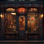 Фото тату-салона, оформленного в стиле стимпанк. Видно интерьер салона, алхимические инструменты и атмосферу таинственности.
