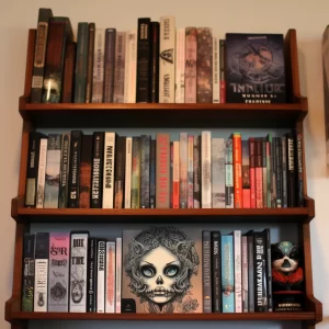 Фото тату: полка с книгами, среди которых выделяется книга с изображением черепа в стиле сахарной черепушки.