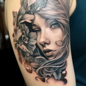 Фото тату на предплечье: портрет красивой девушки, обрамленный пышными розами в реалистичном стиле. Мягкие тени и плавные переходы цветов.