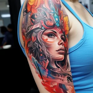 Фото тату на плече с изображением женского лица в стиле Fantasy, окруженного огненными элементами и геометрическими фигурами. Яркие цвета и динамичная композиция.