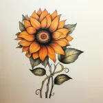 Эскиз татуировки подсолнуха на белом фоне. Яркий желтый цветок с детально прорисованными лепестками и листьями. Рисунок выполнен в реалистичном стиле.
