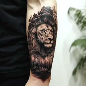 Фото тату на руке: реалистичное изображение льва, смотрящего из леса, выполненное в черно-серых тонах с высокой детализацией и использованием светотени.