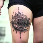Фото тату: детализированный черно-белый рисунок компаса с силуэтом города внутри, выполненный на бедре женщины.