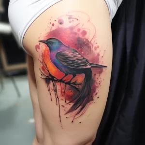 Фото тату на бедре: красочная птица в акварельном стиле с брызгами краски. Детализированный рисунок татуировки с яркими цветами.