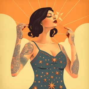 Фото татуировки: изображение женщины в стиле pin-up, с уложенными волосами и ярким макияжем, выполненное в традиционном стиле, с использованием теплых тонов и звездного фона.