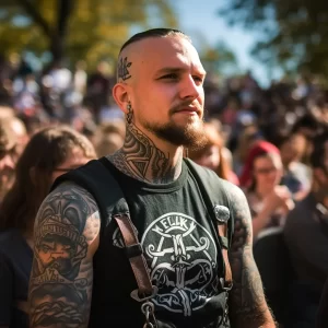 Фото тату на шее и плече мужчины: геометрические узоры в стиле blackwork, портрет на плече. Мужчина с бородой и серьгами.