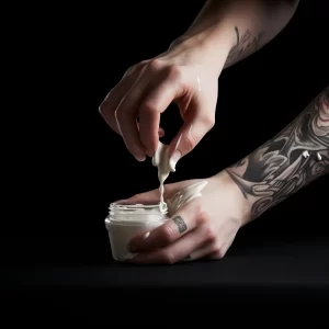 Фото рук с татуировками, наносящих крем на свежую татуировку, демонстрирующее процесс ухода за татуировкой после нанесения.