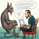 Иллюстрация, изображающая татуированного мужчину, сидящего за компьютером, рядом с огромным татуированным драконом. Дракон и мужчина общаются.