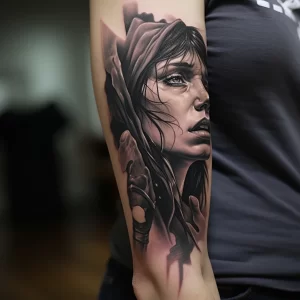 Фото тату: детализированная черно-белая татуировка на руке изображает портрет женщины в платке, выполненный в стиле реализм.