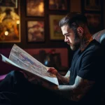 Фото тату мастера, внимательно изучающего эскиз татуировки. Мастер сидит в кресле и держит в руках большой лист бумаги с рисунком.