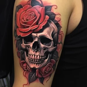 Фото тату черепа, увитого красными розами, на плече. Реалистичный рисунок с детальной проработкой теней и цветов.