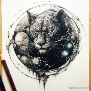 Фото тату в стиле blackwork с изображением головы пантеры на фоне космоса. Эскиз татуировки с использованием черных тонов.