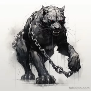 Эскиз тату черной пантеры, идущей вперед с цепями. Динамичный рисунок с детальной проработкой мускулатуры и шерсти, брызги краски.