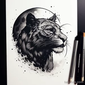 Эскиз татуировки черного тигра на фоне полной луны. Рисунок выполнен в черно-белом стиле с использованием эффекта брызг краски.