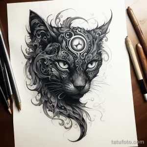 Эскиз татуировки кошки в стиле орнамент. Черно-белый рисунок с детальной проработкой шерсти и мистическим глазом в центре.