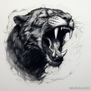 Фото тату: черно-белый рисунок рычащего тигра с детализированной проработкой шерсти и клыков. Эскиз для татуировки на предплечье.
