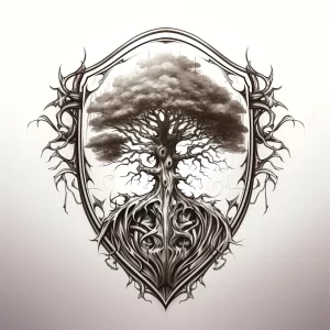 Фото татуировки Древа Жизни, заключенного в стилизованный щит с острыми краями. Черно-серый рисунок, детализированная проработка дерева и орнамента.
