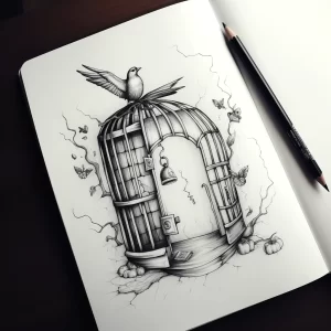 Черно-белое фото тату с изображением открытой клетки, из которой вылетает птица. Символизирует освобождение, надежду и новые начинания.
