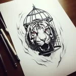Эскиз татуировки белого тигра в клетке. Тигр с красными глазами, смотрящий вперед, окружен клеткой и облаками.