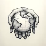 Черно-белое фото татуировки, изображающей Землю, бережно удерживаемую двумя руками. Символизирует заботу об окружающей среде и хрупкость планеты.