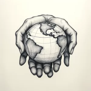 Черно-белое фото татуировки, изображающей Землю, бережно удерживаемую двумя руками. Символизирует заботу об окружающей среде и хрупкость планеты.