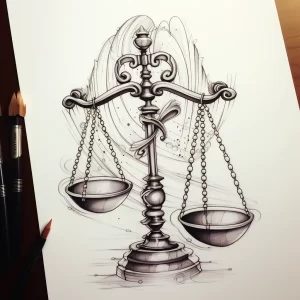 Черно-белый эскиз татуировки с изображением весов правосудия, украшенных крыльями и лентами. Символ справедливости и свободы.