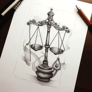 Черно-серый эскиз татуировки с изображением весов правосудия, окруженных дымкой и тенями. Элегантный и символичный рисунок.