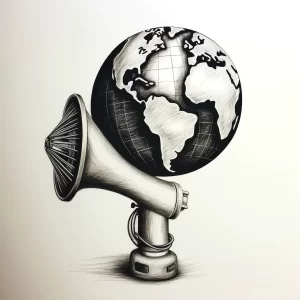 Черно-белый эскиз татуировки с изображением земного шара, помещенного в ретро-мегафон. Символизирует призыв к защите окружающей среды и привлечение внимания к проблемам планеты.