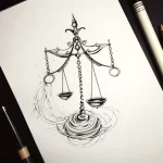 Фото тату эскиза: классические весы правосудия, выполненные в черно-белой графике. Детализированный рисунок с изящными линиями и элементами.