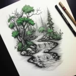 Фото тату эскиза: красивый лесной пейзаж с водопадом, деревьями и камнями. Сочетание черного и зеленого цветов. Детальная проработка.