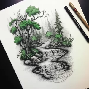 Фото тату эскиза: красивый лесной пейзаж с водопадом, деревьями и камнями. Сочетание черного и зеленого цветов. Детальная проработка.