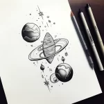 Черно-белый эскиз татуировки с изображением планеты Сатурн и ее колец, выполненный в минималистичном графическом стиле.