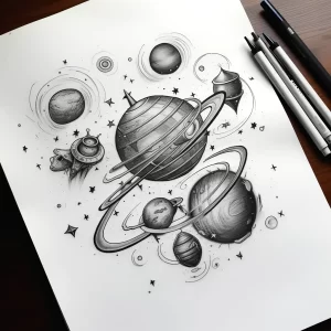 Черно-белый эскиз татуировки с изображением планет, колец Сатурна, звезд, робота и космических кораблей, выполненный в графическом стиле.