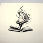 Черно-белый эскиз татуировки с изображением открытой книги, из которой вырывается пламя, выполненный в графическом стиле.