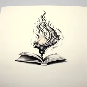 Черно-белый эскиз татуировки с изображением открытой книги, из которой вырывается пламя, выполненный в графическом стиле.