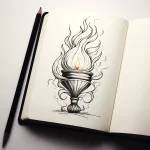 Черно-белый эскиз татуировки с изображением старинной лампы, из которой вырывается пламя, выполненный в графическом стиле.