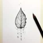 Черно-белый эскиз татуировки с изображением листа, с которого стекают капли росы. Детализированная проработка текстуры листа и капель.