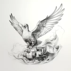 Эскиз татуировки с изображением голубя, сидящего на танке. Рисунок выполнен в черно-белой гамме с использованием техники штриховки.
