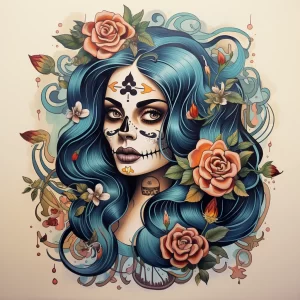 Фото тату в стиле Sugar Skull на белом фоне. Изображение черепа девушки, украшенного цветами, узорами и яркими деталями.