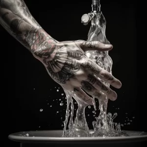 Фотография руки мужчины, покрытой татуировками, под струей воды, демонстрирующая детализацию рисунков и игру света и тени.