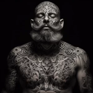 Фотография татуировки в стиле трайбл, покрывающей лицо, шею и верхнюю часть тела мужчины, выполненной в черном цвете.