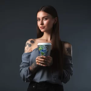Фотография девушки с длинными темными волосами, держащей стакан кофе с изображением Земли. На ее руках видны детализированные татуировки.