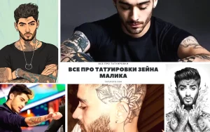 Фотоколлаж с различными татуировками Зейна Малика на теле: шея, руки, грудь, предплечья.