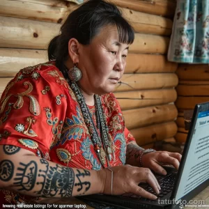 Фото тату на руке женщины в традиционном костюме. Черно-белые этнические узоры, выполненные в графическом стиле, покрывают предплечье.